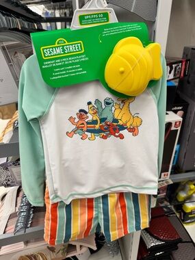 Sesame Street Mint and Yellow Rash Guard Set with Striped Shorts